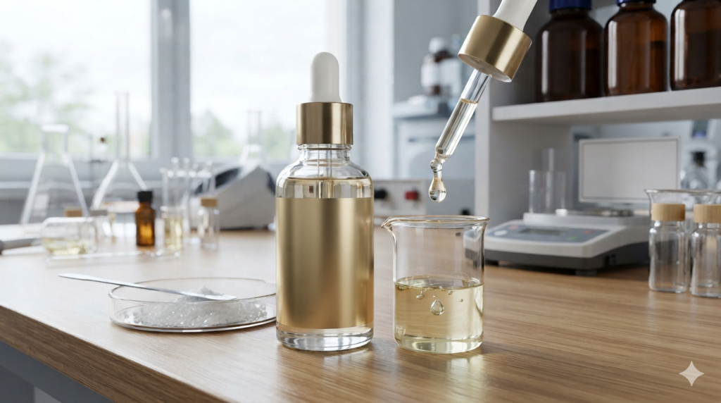 Obraz przedstawia zbliżenie na profesjonalne stanowisko pracy w laboratorium chemicznym lub kosmetycznym, na którym trwają prace nad formulacją serum lub olejku